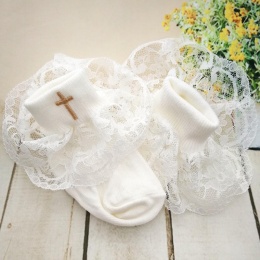 Baby Girls Ivory Lace Socks with Gold Cross